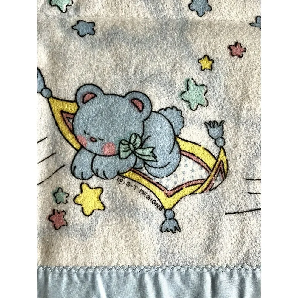 New Baby Blanket Vintage Satin Trim Teddy Bear Acrylic Stars Cuddle Time‎